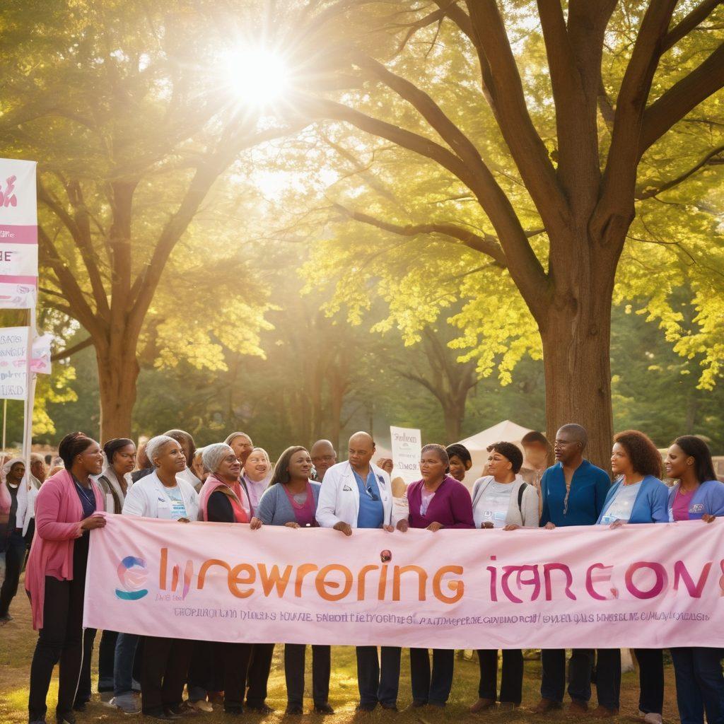 A hopeful scene depicting a diverse group of cancer survivors engaging in a supportive community gathering, with bright banners showcasing the words 'Empowering Lives'. Nearby, a doctor shares important oncology news, while soft sunlight filters through trees creating a warm atmosphere. In the background, symbols of advocacy like ribbons and informative pamphlets are present. super-realistic. vibrant colors. warm lighting.