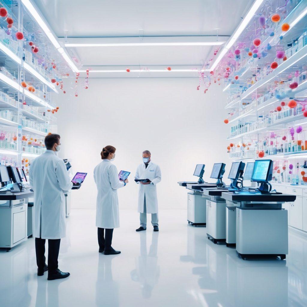 A futuristic lab with scientists in white coats using high-tech equipment to explore innovative cancer therapies. Incorporate holographic displays of DNA strands and cell structures, alongside bright, glowing vials filled with colorful solutions. The atmosphere should radiate hope and determination, symbolizing breakthroughs in cancer research. surrealism. vibrant colors. clean white background.