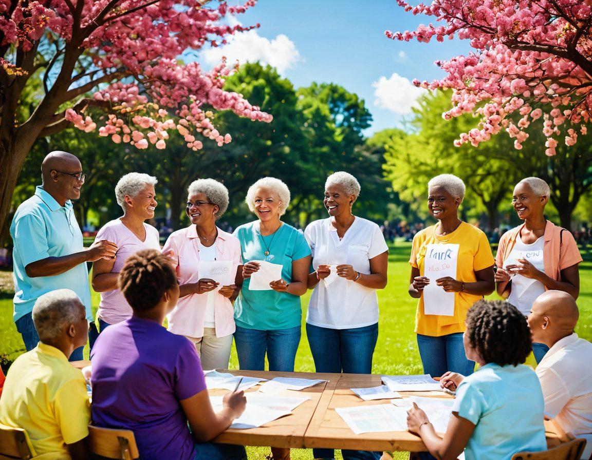 A vibrant and uplifting scene depicting a diverse group of individuals gathering in a park, exchanging ideas and resources related to cancer advocacy. Include banners with supportive messages, educational pamphlets, and a backdrop of blooming flowers symbolizing hope. Capture the warmth of community spirit with smiles and laughter. Incorporate elements of nature and color to promote positivity. super-realistic. vibrant colors. sunny day.